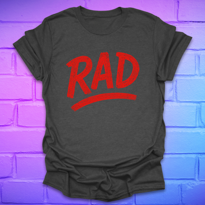 Gray t-shirt with red 'RAD' text on a brick wall background