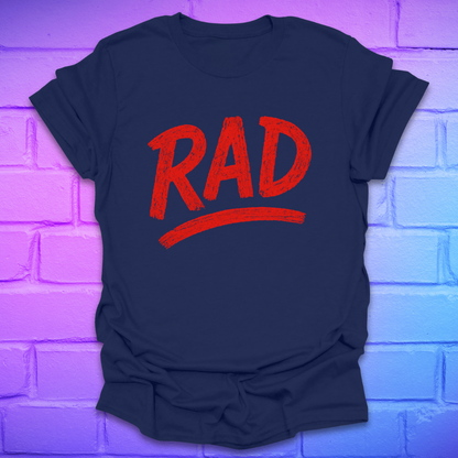 Navy blue t-shirt with red 'RAD' text on a brick wall background
