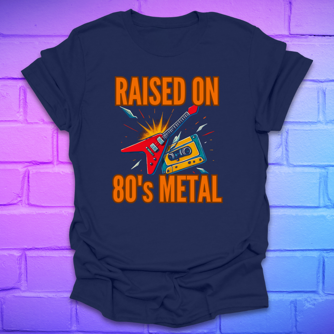 Navy blue t-shirt with 'Raised on 80's Metal' graphic design on a brick wall background