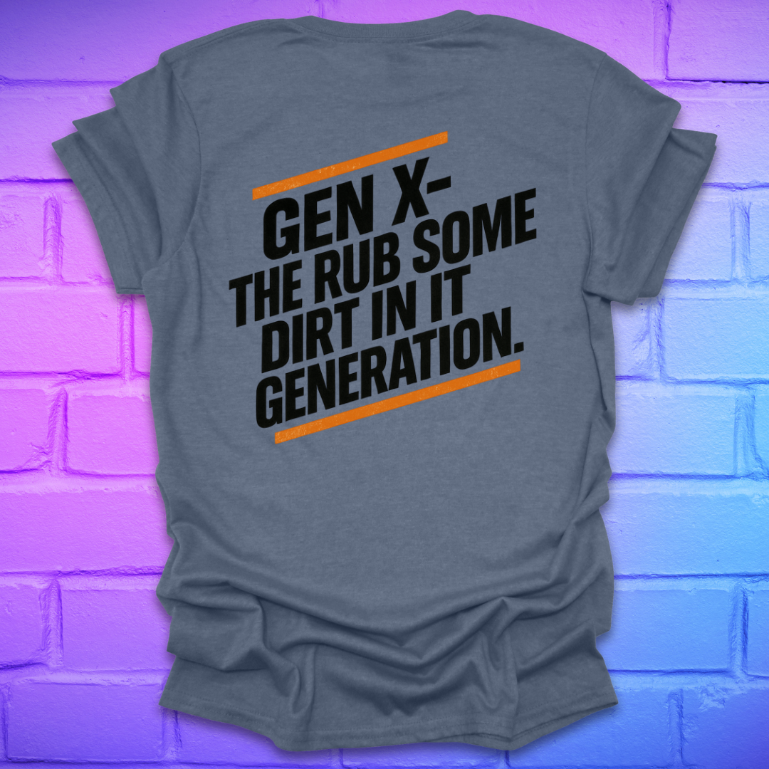 Heather Indigo colored t-shirt with text on the back of shirt, against a brick wall background