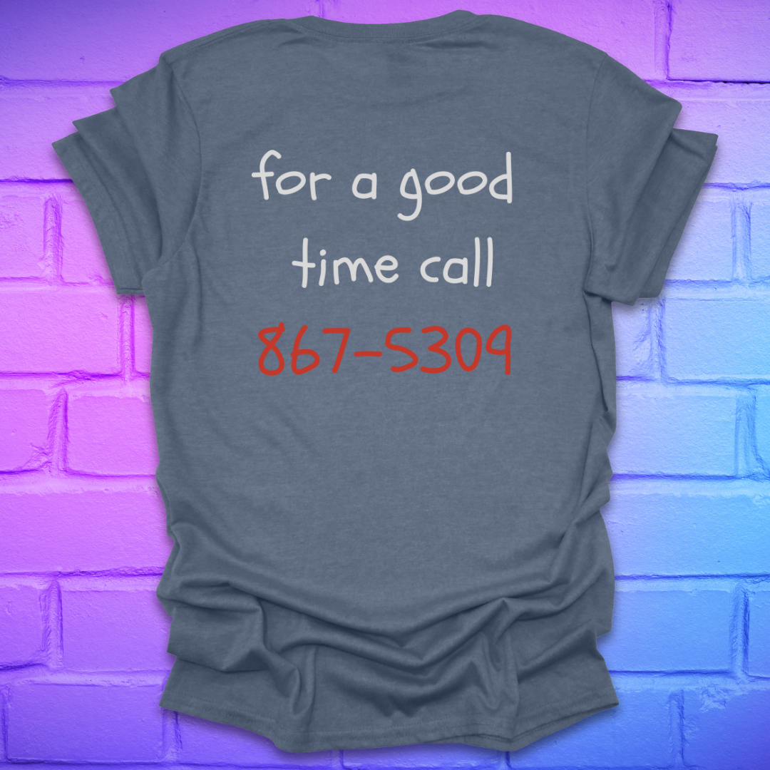Indigo t-shirt with text 'for a good time call 867-5309' on a brick wall background