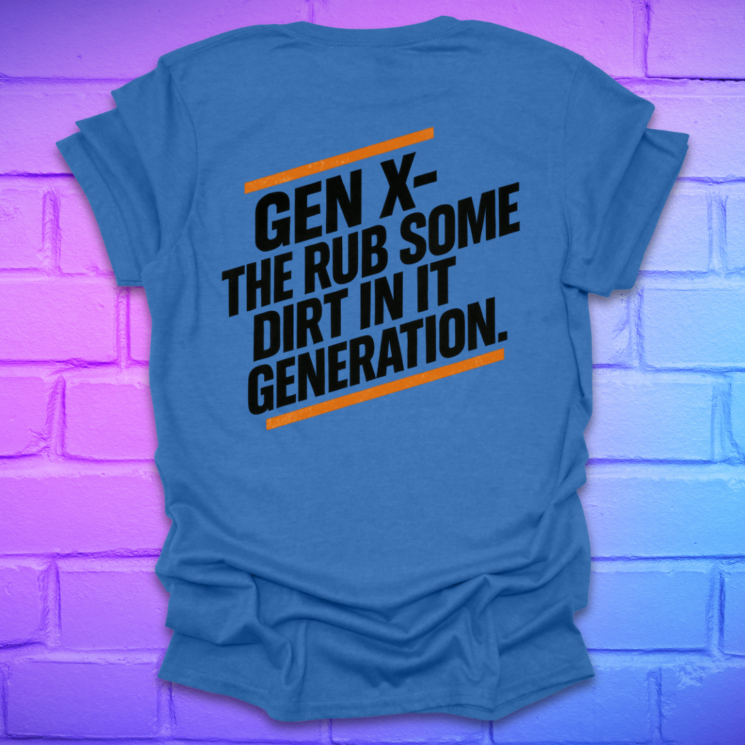 Heather royal colored t-shirt with text on the back of shirt, against a brick wall background