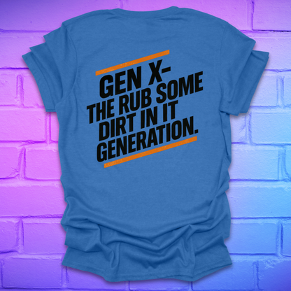 Heather royal colored t-shirt with text on the back of shirt, against a brick wall background