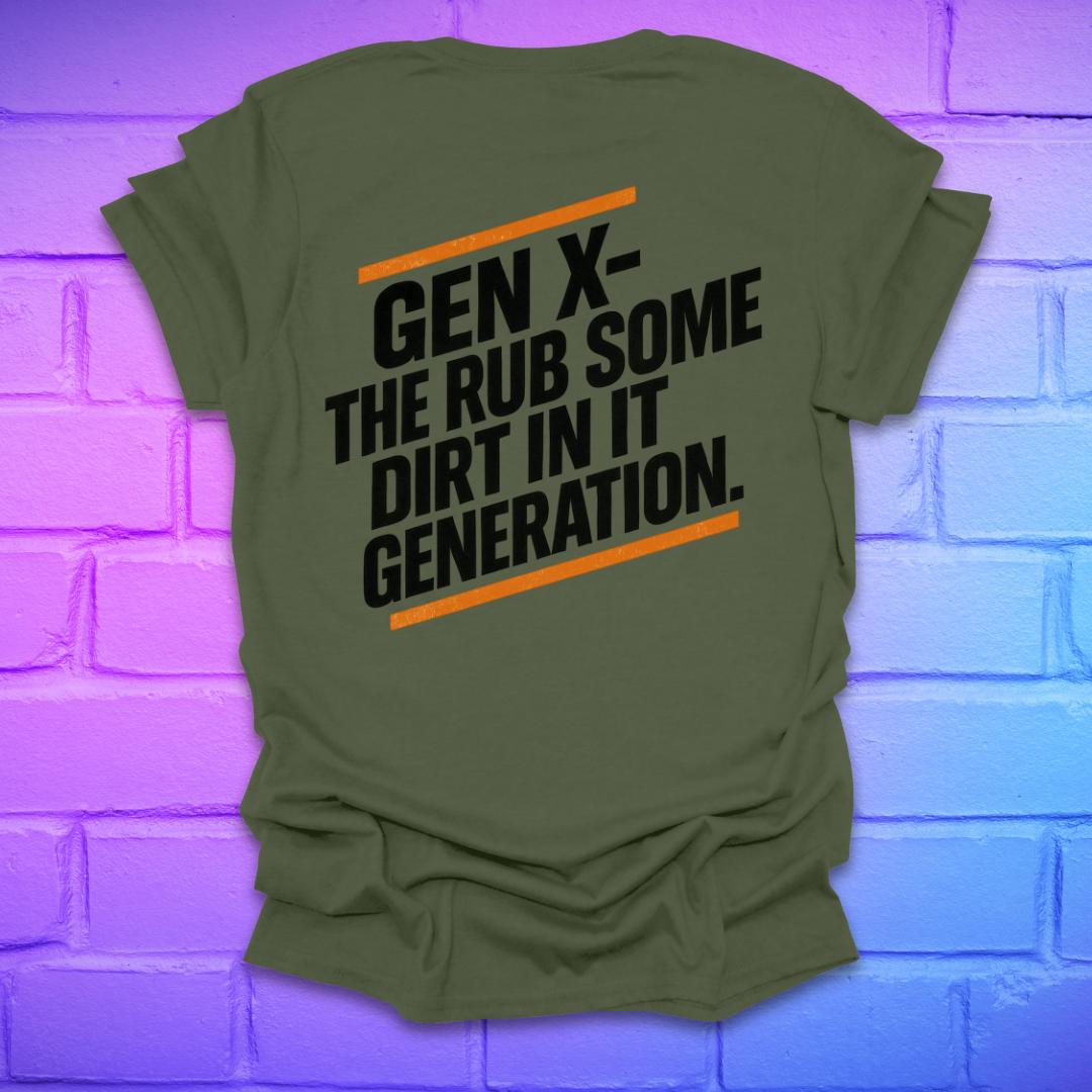 Green colored t-shirt with text on the back of shirt, against a brick wall background