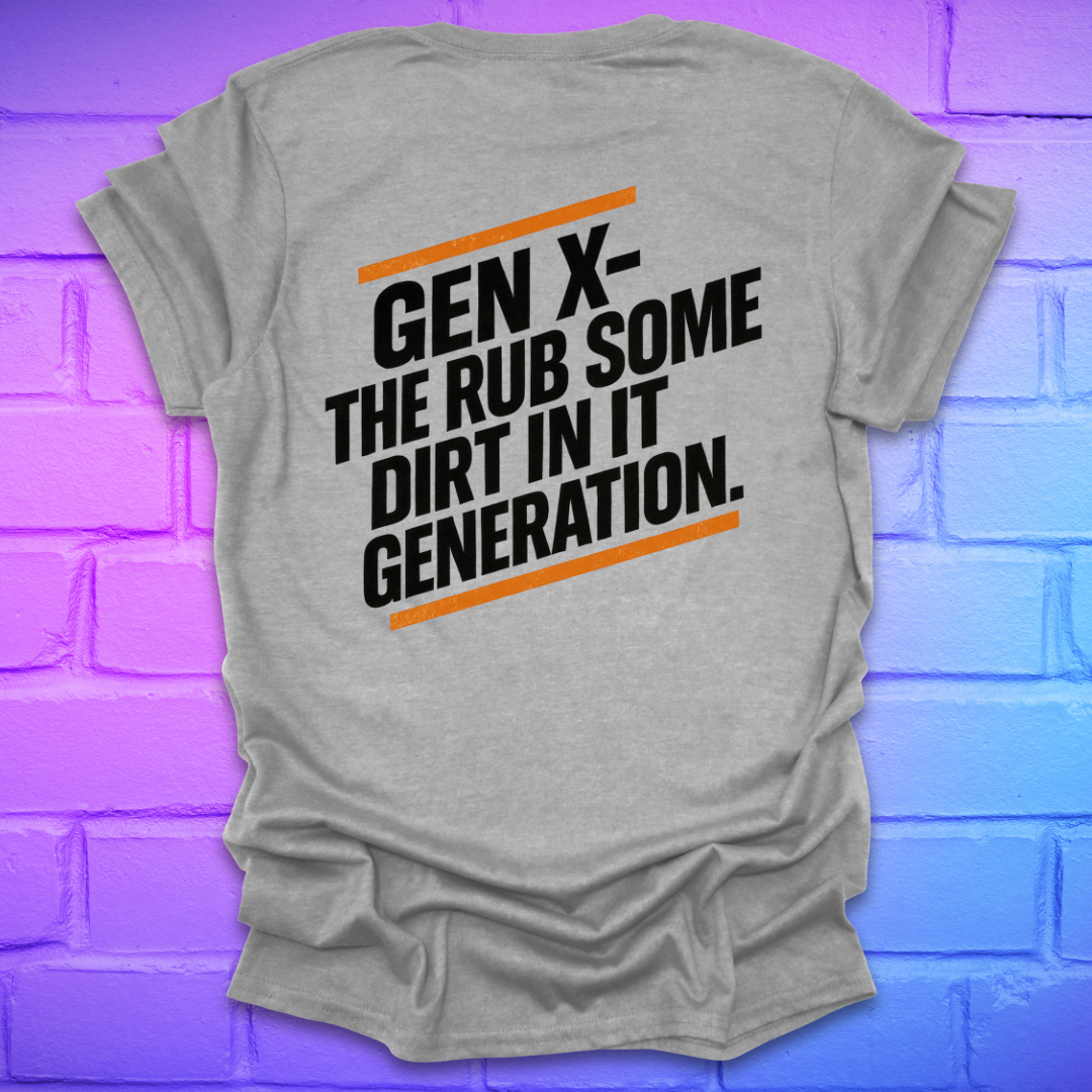 Gray t-shirt with text on the back of shirt, against a brick wall background