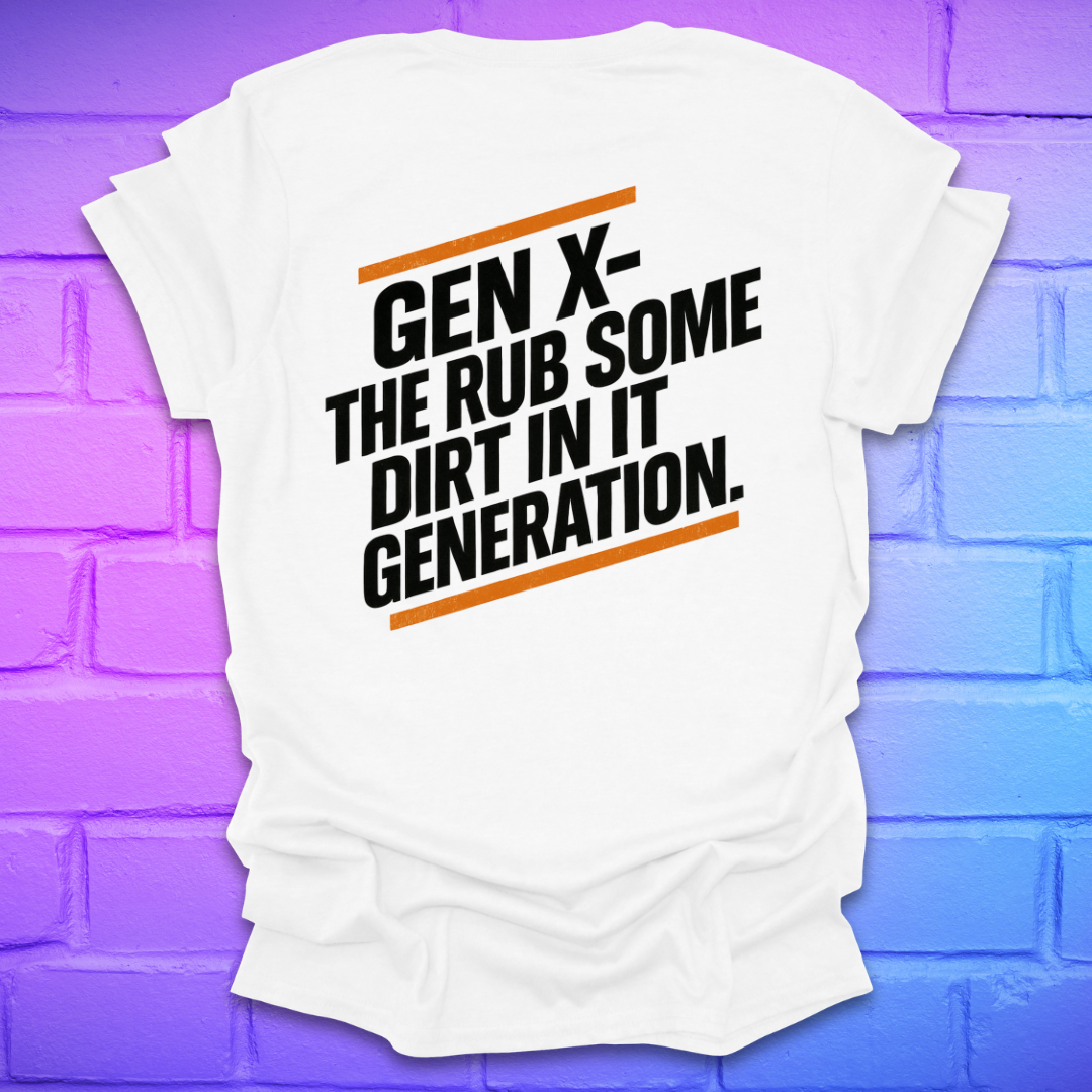 White t-shirt with text on the back of shirt, against a brick wall background