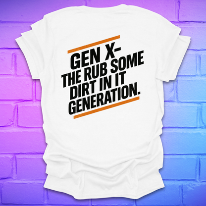 White t-shirt with text on the back of shirt, against a brick wall background