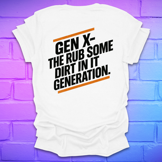 White t-shirt with text on the back of shirt, against a brick wall background