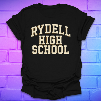 Black t-shirt with 'RYDELL HIGH SCHOOL' text on a brick wall background