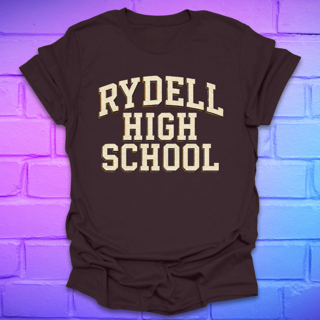 Brown t-shirt with 'Rydell High School' text on a brick wall background