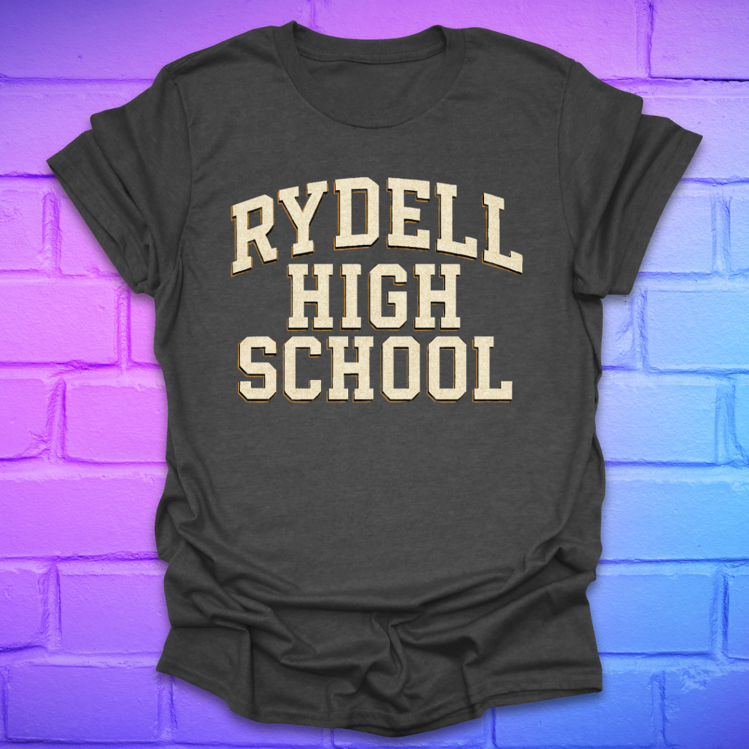Dark gray t-shirt with 'Rydell High School' text on a brick wall background