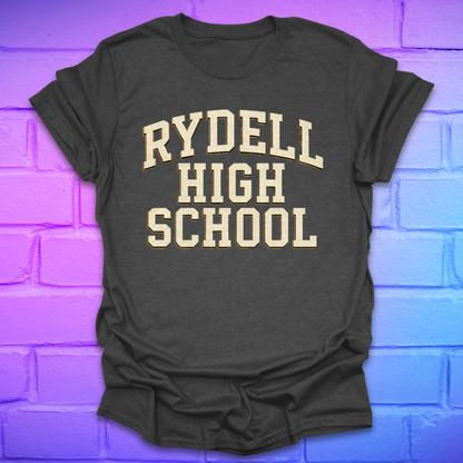 Dark gray t-shirt with 'Rydell High School' text on a brick wall background