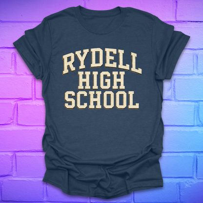 Dark blue t-shirt with 'RYDELL HIGH SCHOOL' text on a brick wall background