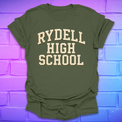 Green t-shirt with 'Rydell High School' text on a brick wall background
