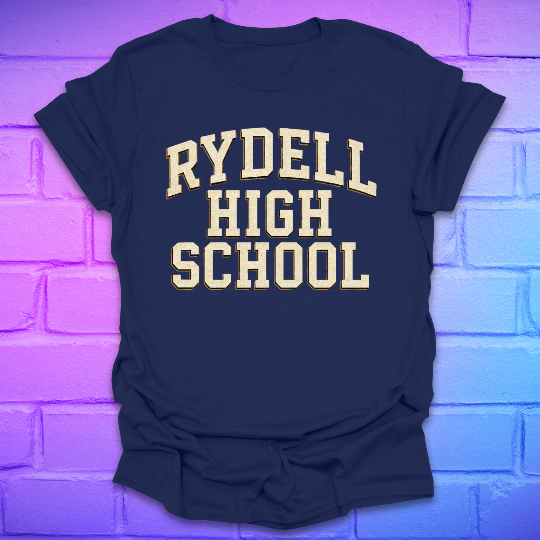 Navy blue t-shirt with 'RYDELL HIGH SCHOOL' text on a brick wall background
