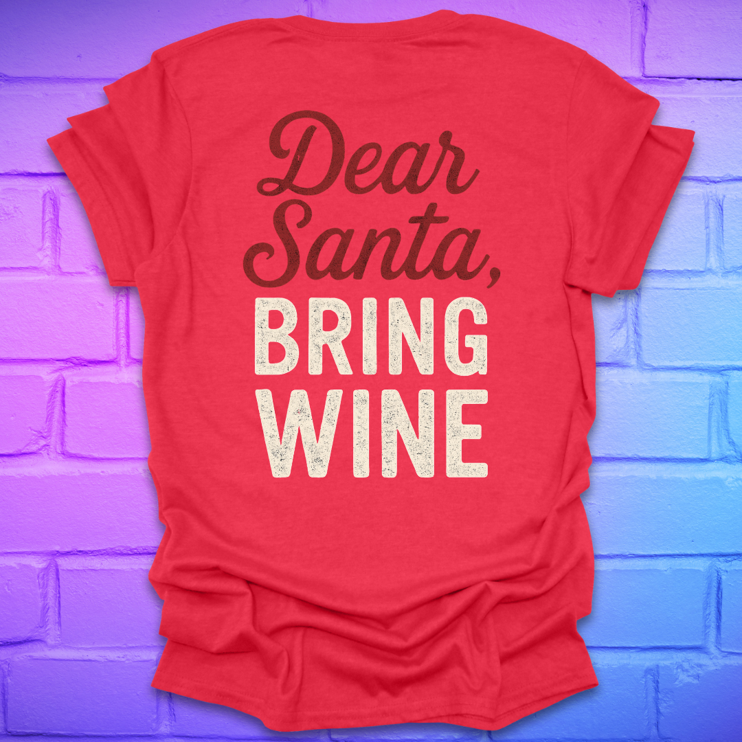 Red t-shirt with 'Dear Santa, Bring Wine' text on the back, on a brick wall background