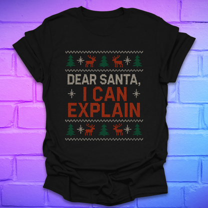 Black tshirt with text 'dear santa i can explain' with trees and reindeer on a brick background
