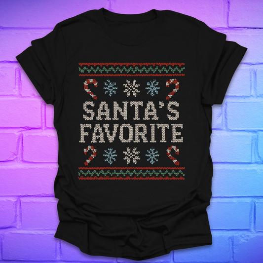 Black t-shirt with Christmas-themed design, and text, 'Santa's Favorite' on a brick wall background