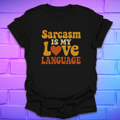 Black t-shirt with 'Sarcasm is my love language' text on a brick wall background