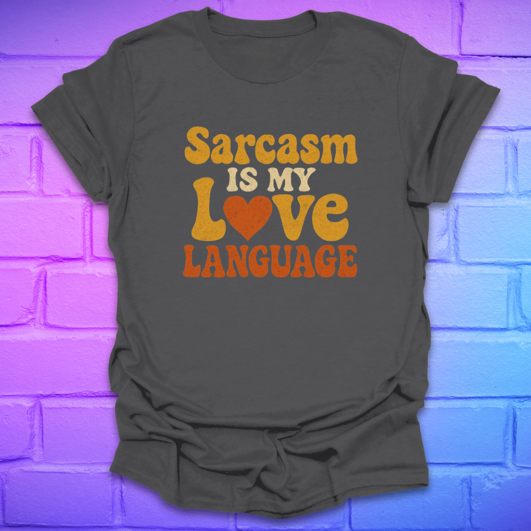 Gray t-shirt with 'Sarcasm is my love language' text on a brick wall background