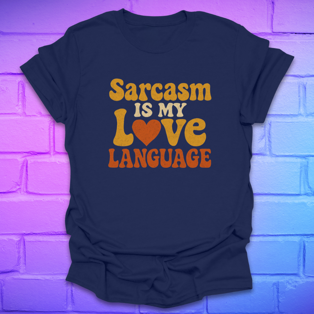 Navy blue t-shirt with 'Sarcasm is my love language' text on a brick wall background