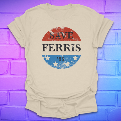 Beige t-shirt with 'Save Ferris' graphic design on a brick wall background
