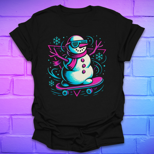Black t-shirt with a colorful snowman on a skateboard design on a brick wall background