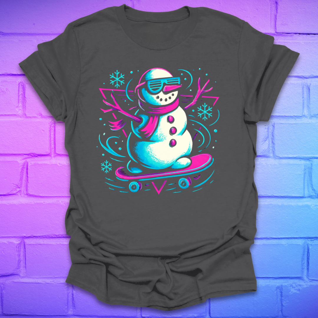charcoal t-shirt with a colorful snowman on a skateboard design on a brick wall background