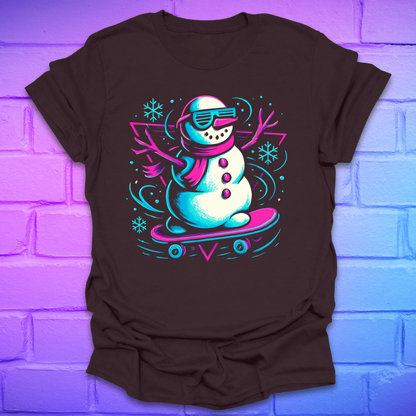 Brown t-shirt with a colorful snowman on a skateboard design on a brick wall background