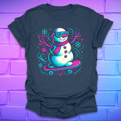 Light navy t-shirt with a colorful snowman on a skateboard design on a brick wall background