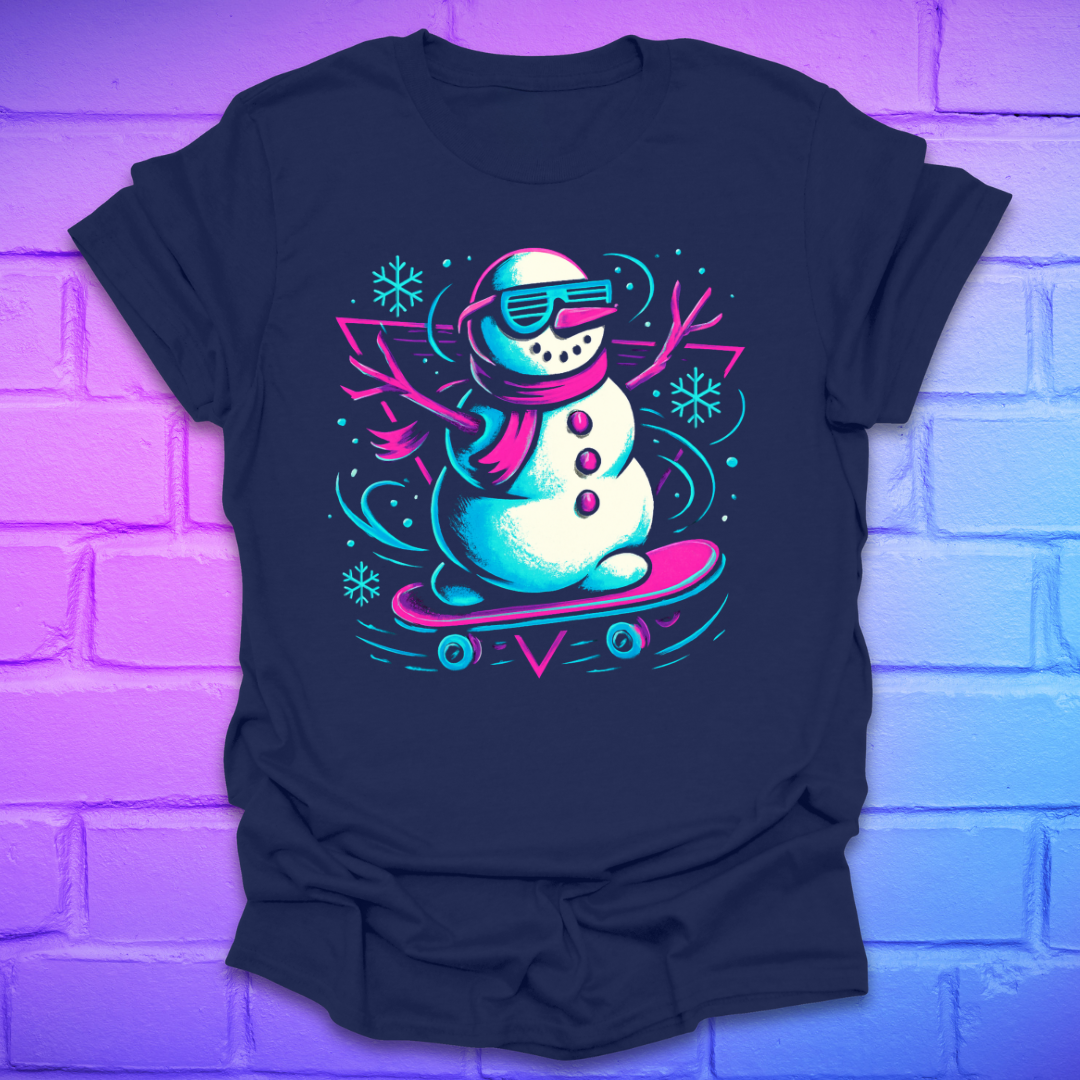 Navy t-shirt with a colorful snowman on a skateboard design on a brick wall background