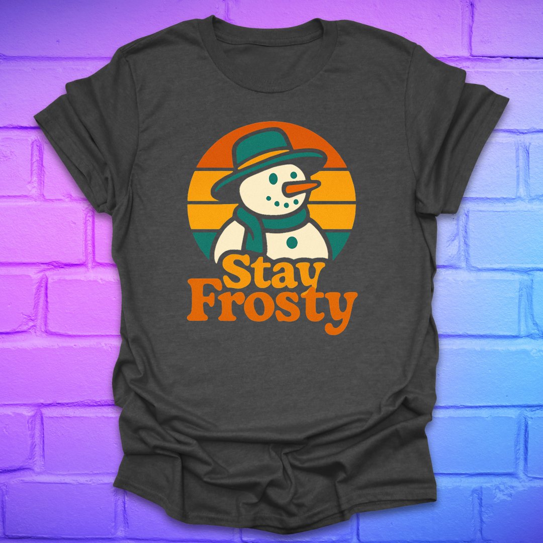Dark gray t-shirt with a snowman graphic and 'Stay Frosty' text on a brick wall background