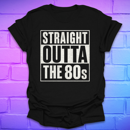 Black t-shirt with plain black/white text, 'Straight outta the 80s' on a brick background.