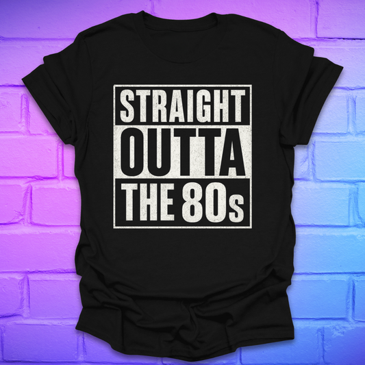 Black t-shirt with plain black/white text, 'Straight outta the 80s' on a brick background.
