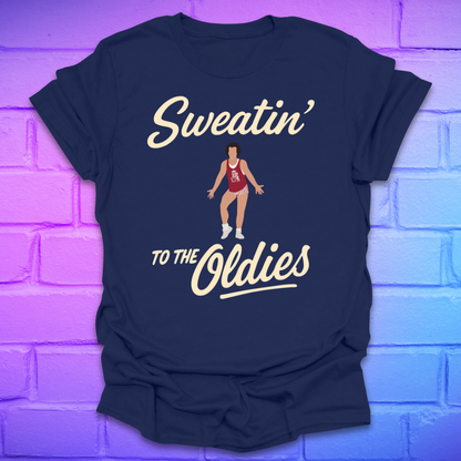 Navy blue t-shirt with 'Sweatin' to the Oldies' text and graphic on a brick wall background