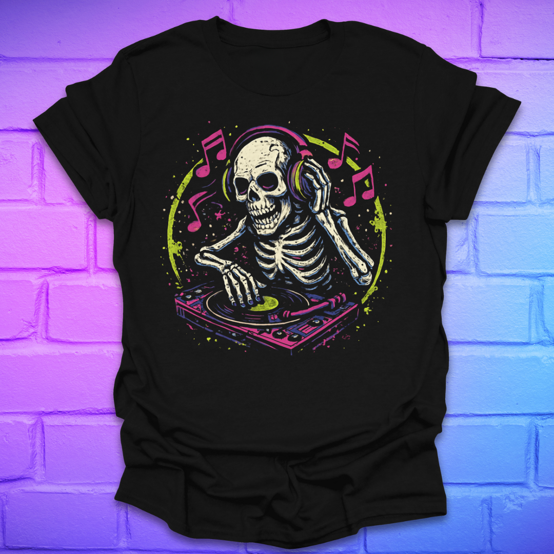 Black t-shirt with a skeleton DJ design on a brick wall background