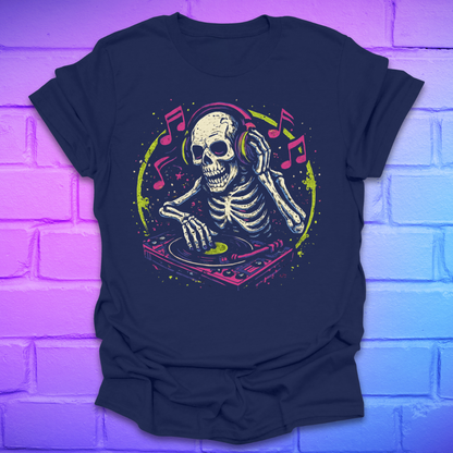 Navy blue t-shirt with a skeleton DJ design on a brick wall background