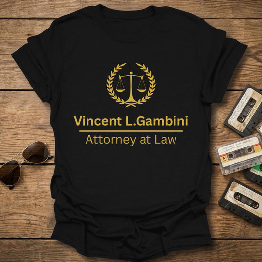 Black t-shirt with gold text and logo on a wooden surface with sunglasses and cassettes.
