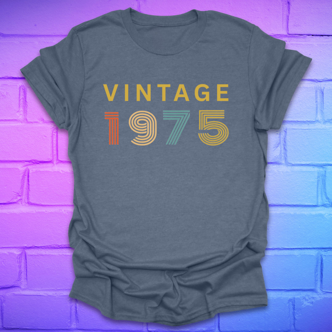 Light blue tshirt with text 'Vintage 1975' in a retro font, on a brick background.
