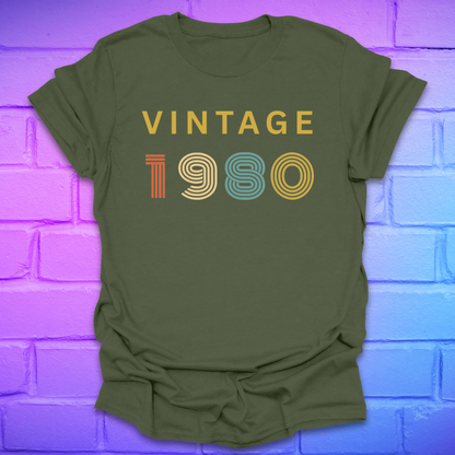Green t-shirt with 'Vintage 1980' text on a brick wall background