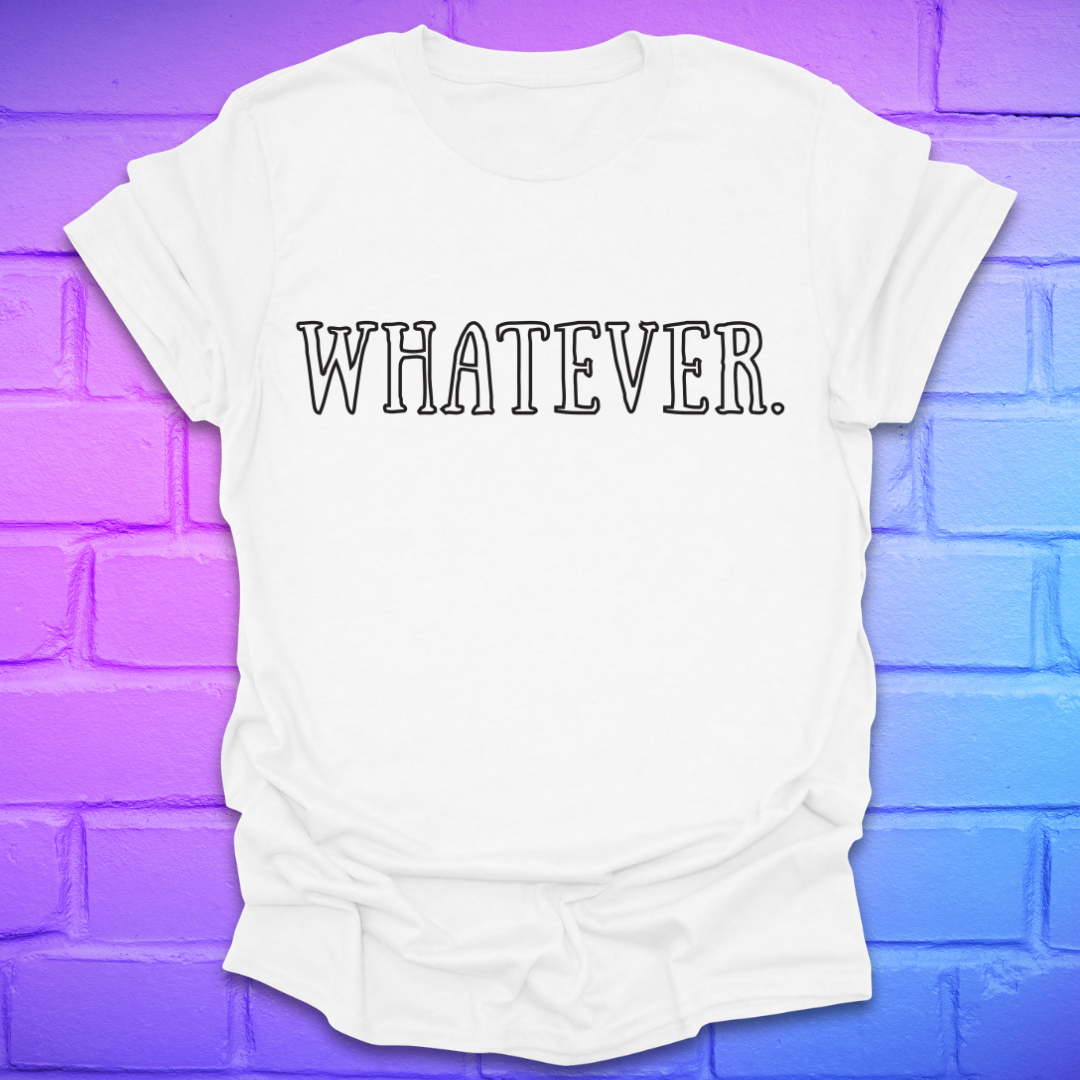 White t-shirt with 'WHATEVER.' text on a gradient purple to blue brick wall background