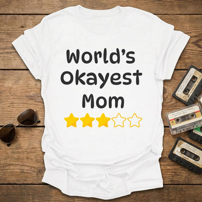 White t-shirt with 'World's Okayest Mom' text and star ratings on a wooden surface with vintage tapes and sunglasses.